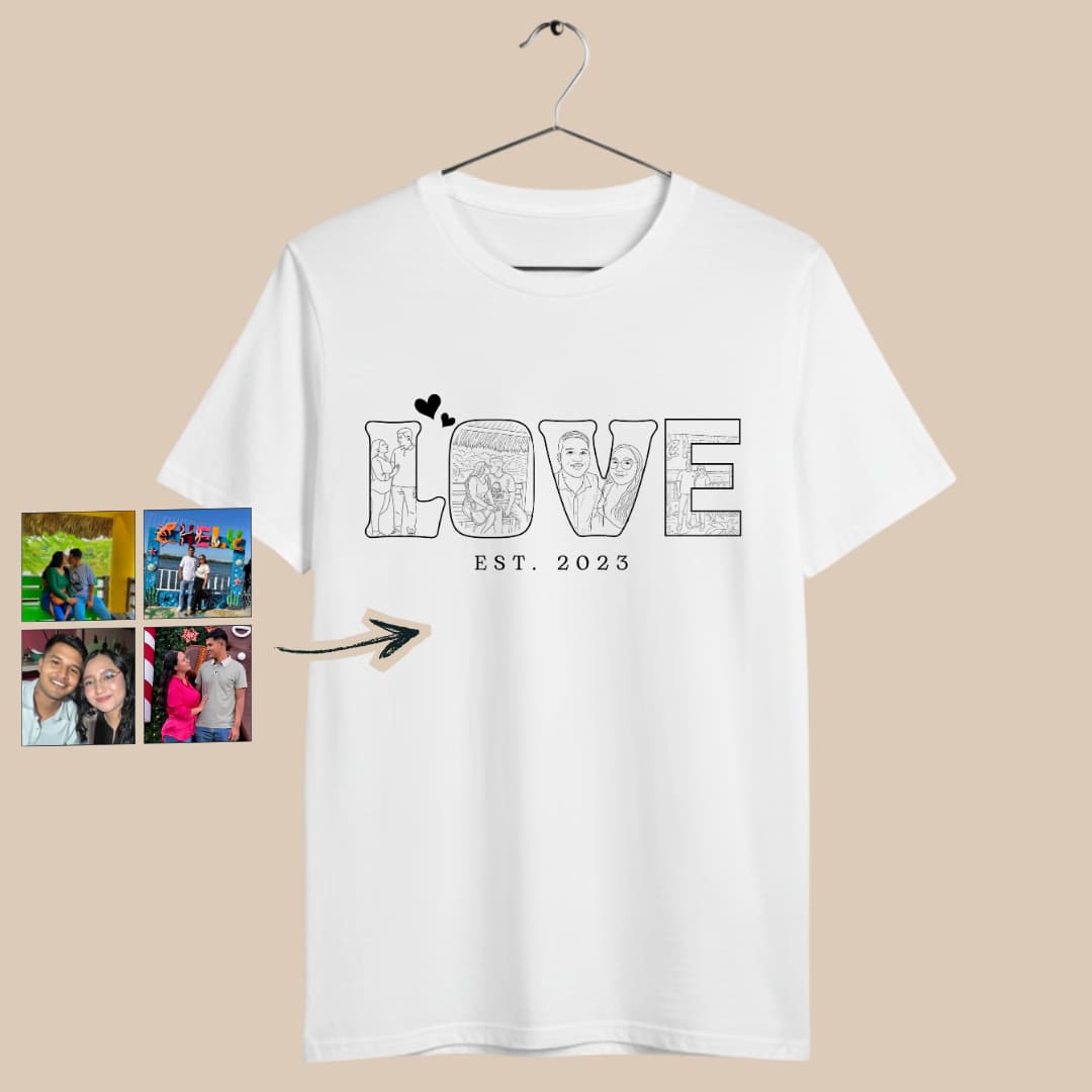 Playeras LOVE 4 fotos para parejas personalizada Blanca
