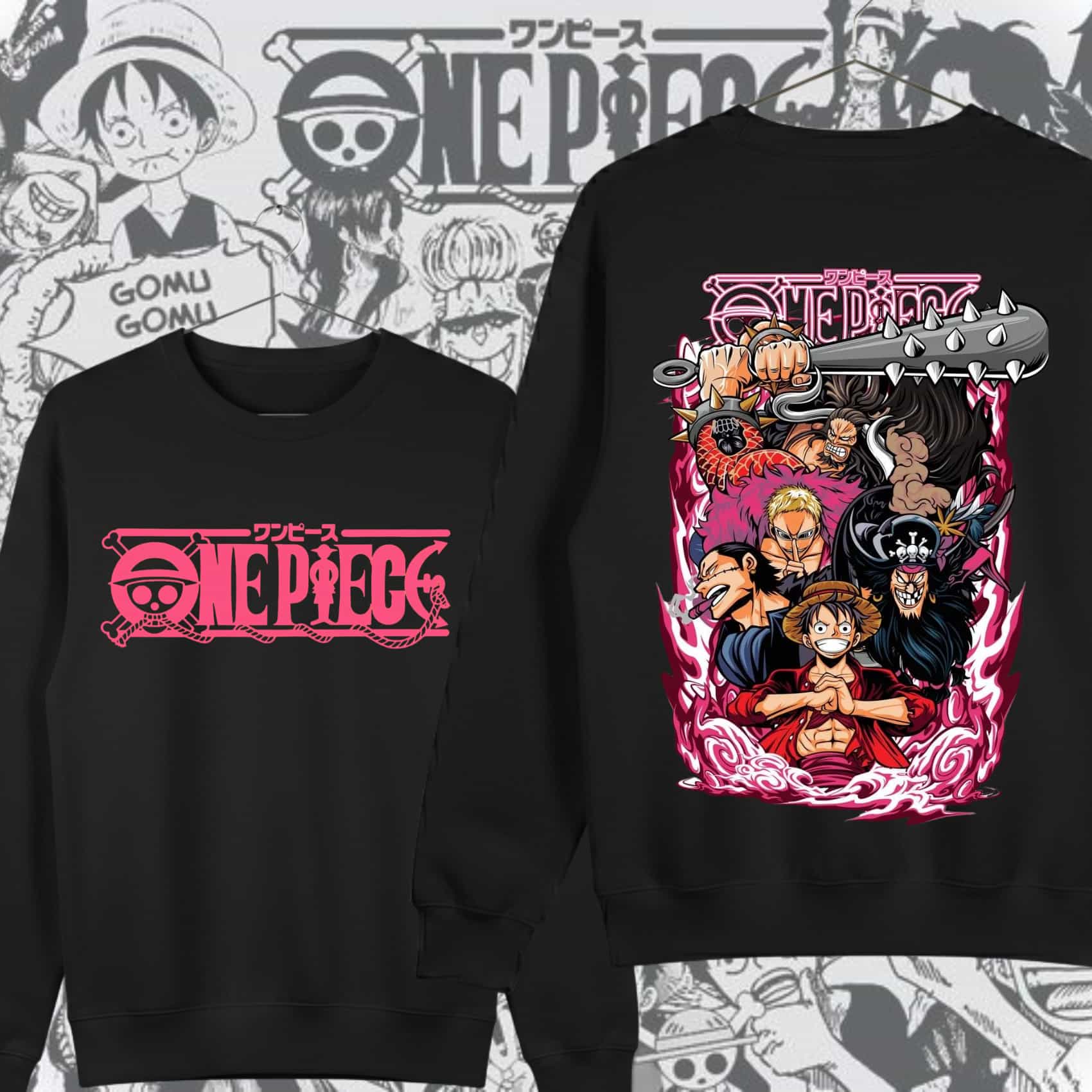 sudadera negra basica one piece rosa pelea