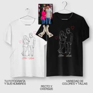 Playera negra y blanca personalizada con dibujo lineal de pareja y nombres