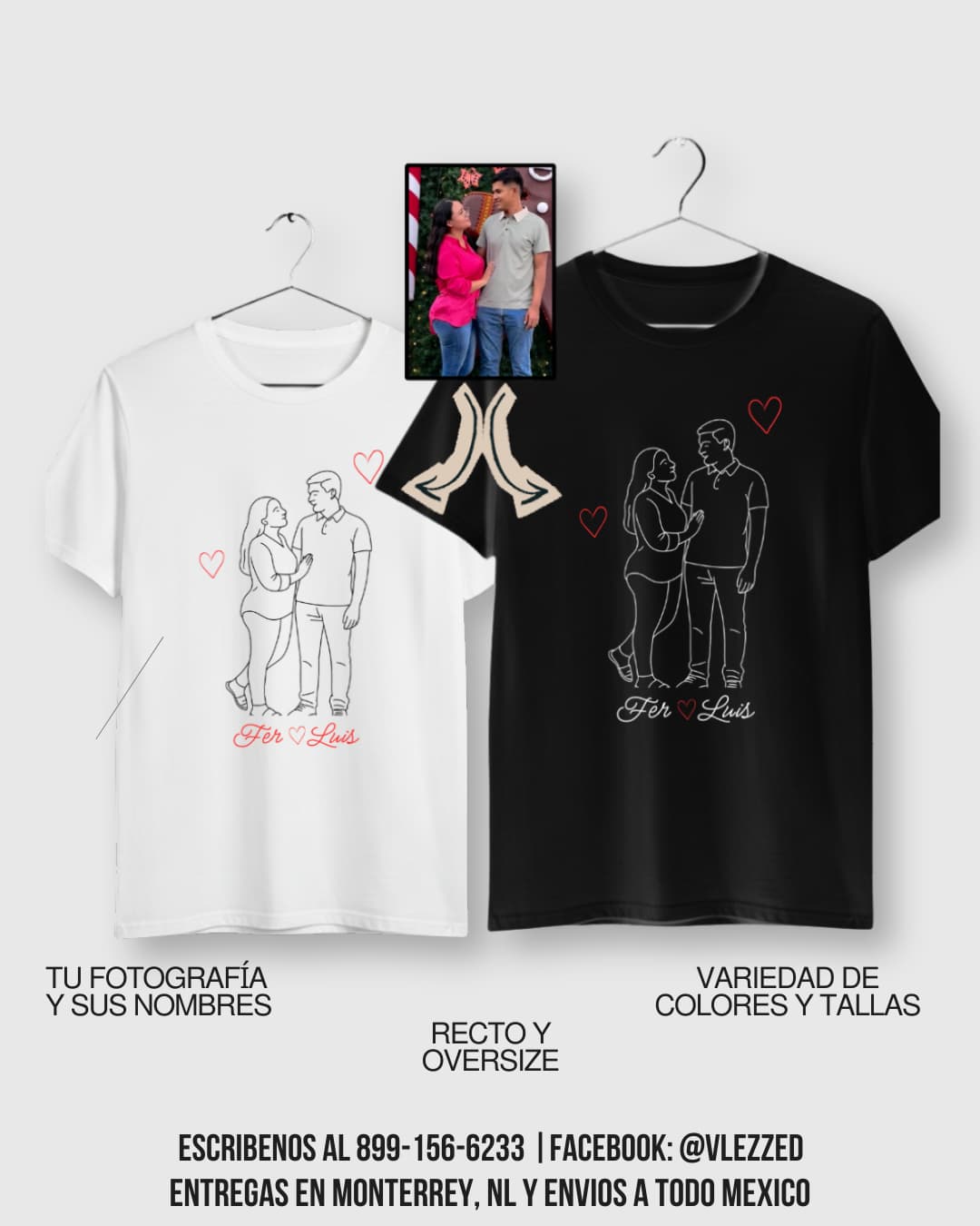 Playera negra y blanca personalizada con dibujo lineal de pareja y nombres